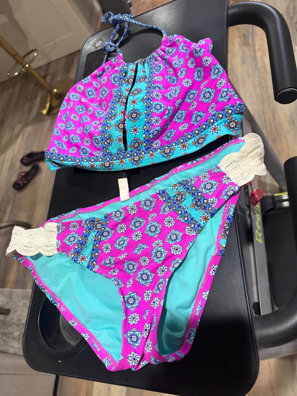 Boutique women’s 2-Piece Swimsuit – Bright Pink & Aqua Boho Print